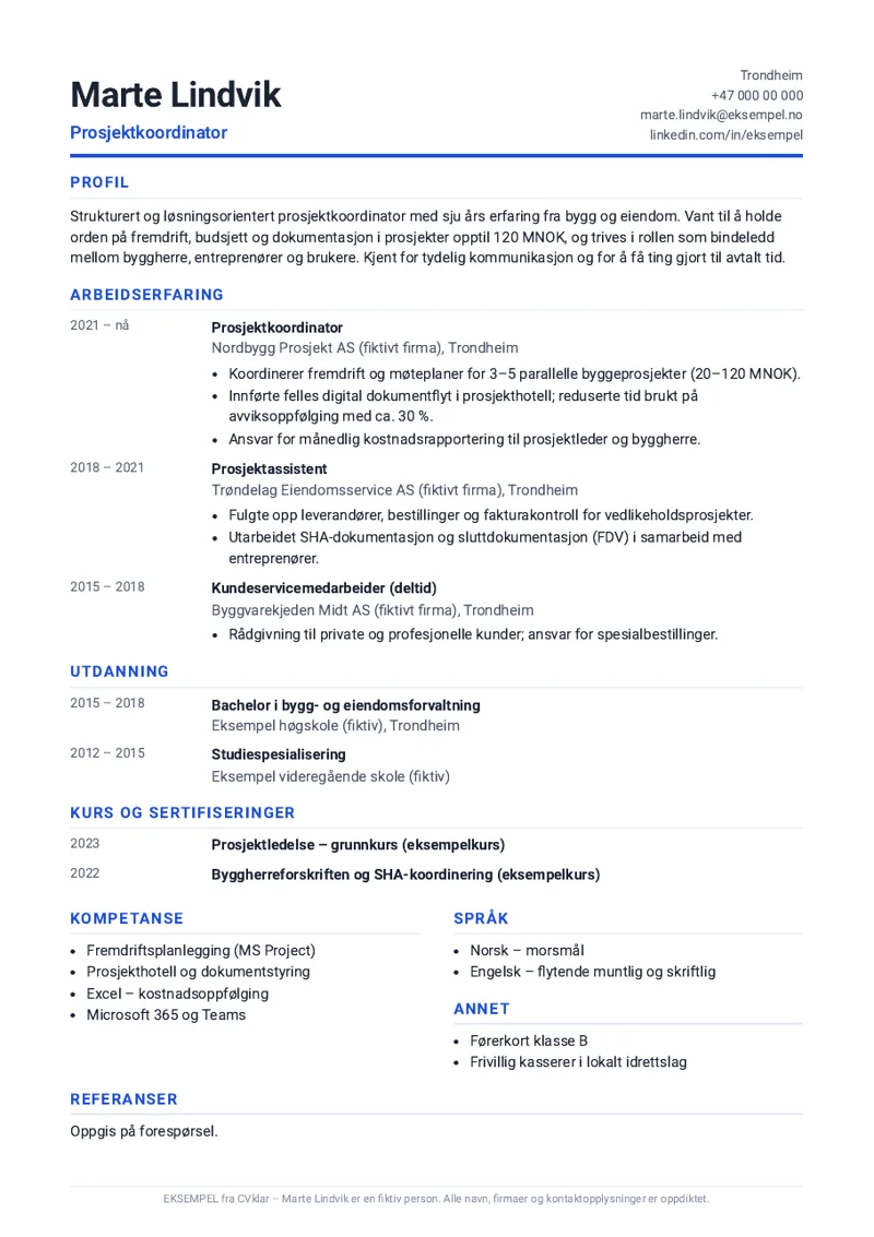 Eksempel på CV laget av CVklar (fiktiv person)